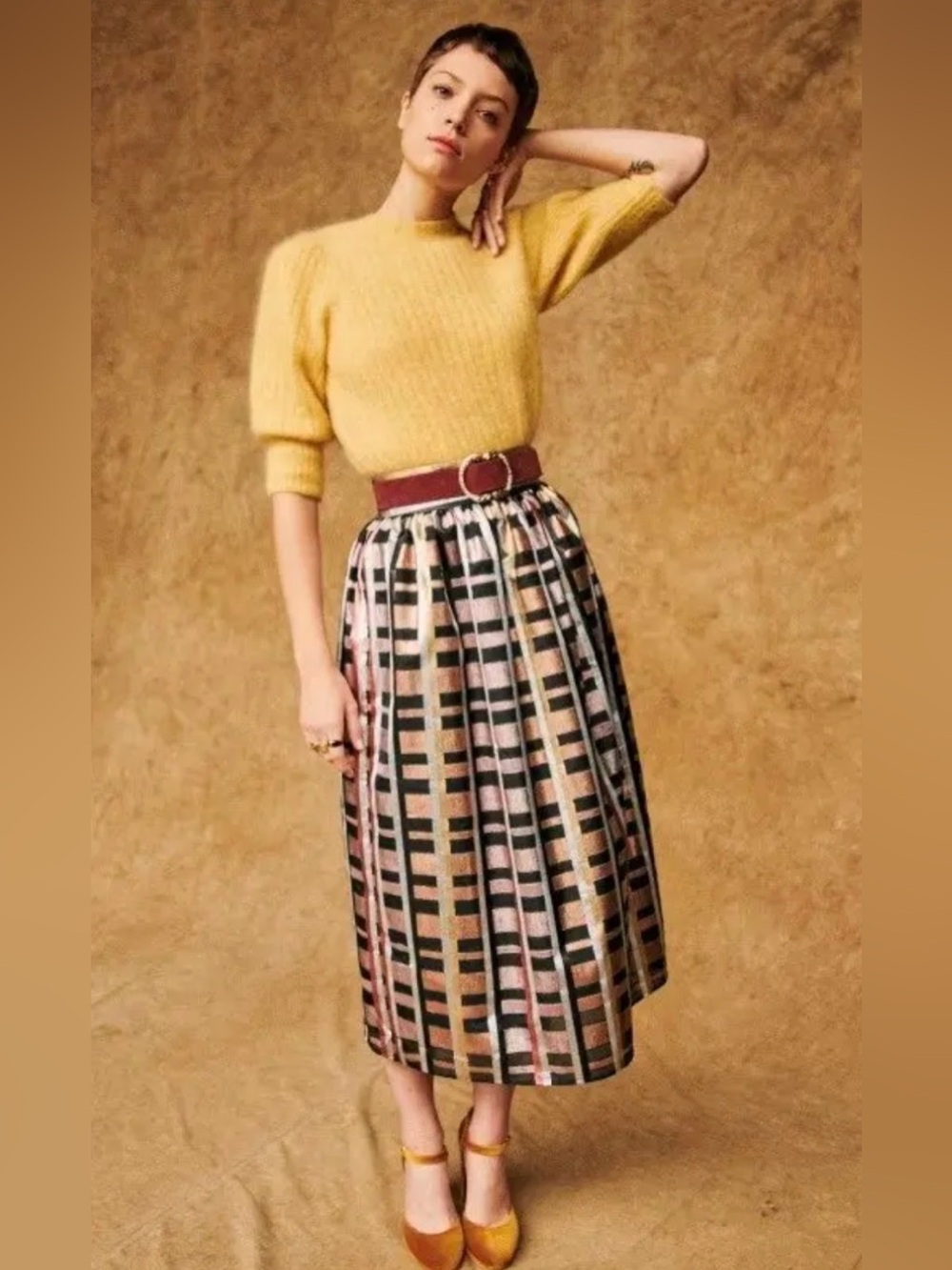 Sézane Malla Midi Skirt Metallic Cognac Tiles Retro